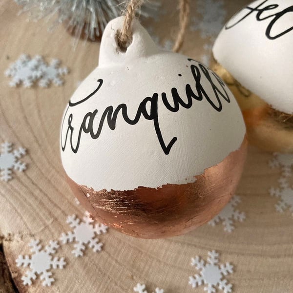 Personalised Christmas Bauble: Hand-Lettered Rose Gold Leaf Decoration