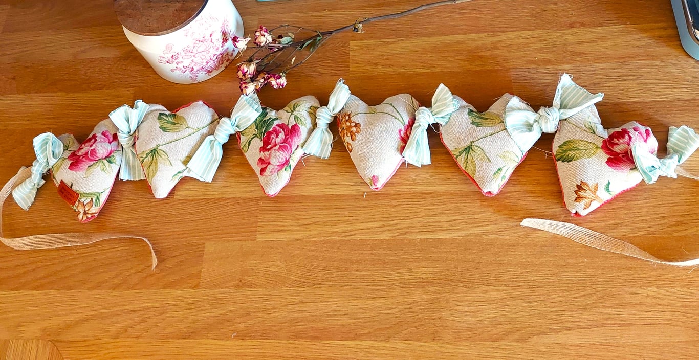 Handmade Heart Bunting: Flowers & Stripes Fabric Garland, Cottage Decor