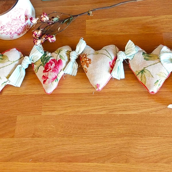 Handmade Heart Bunting: Flowers & Stripes Fabric Garland, Cottage Decor