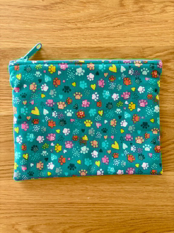 Zipped fabric pouch, purse, make up bag, with bright paw prints