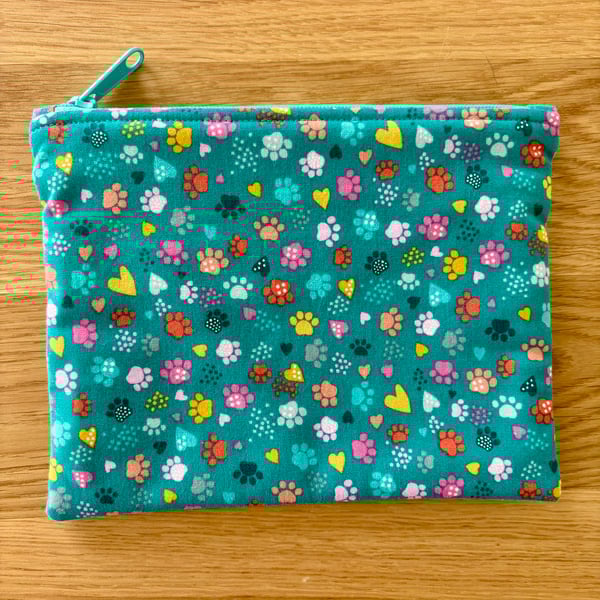 Zipped fabric pouch, purse, make up bag, with bright paw prints