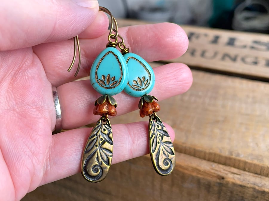 Lotus Flower Earrings. Turquoise Czech Glass Earrings. Brass Teardrop Earrings