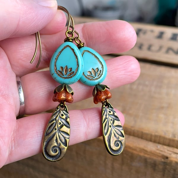 Lotus Flower Earrings. Turquoise Czech Glass Earrings. Brass Teardrop Earrings