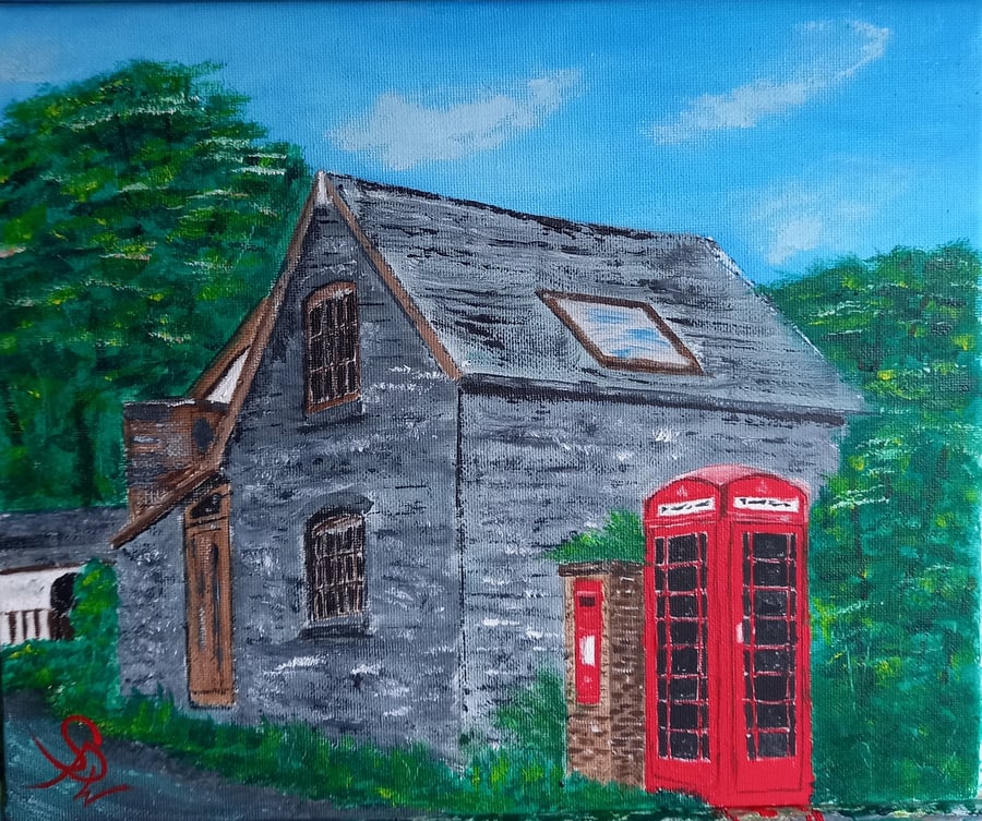 Impressionistic Red Telephone Box and Cottage 
