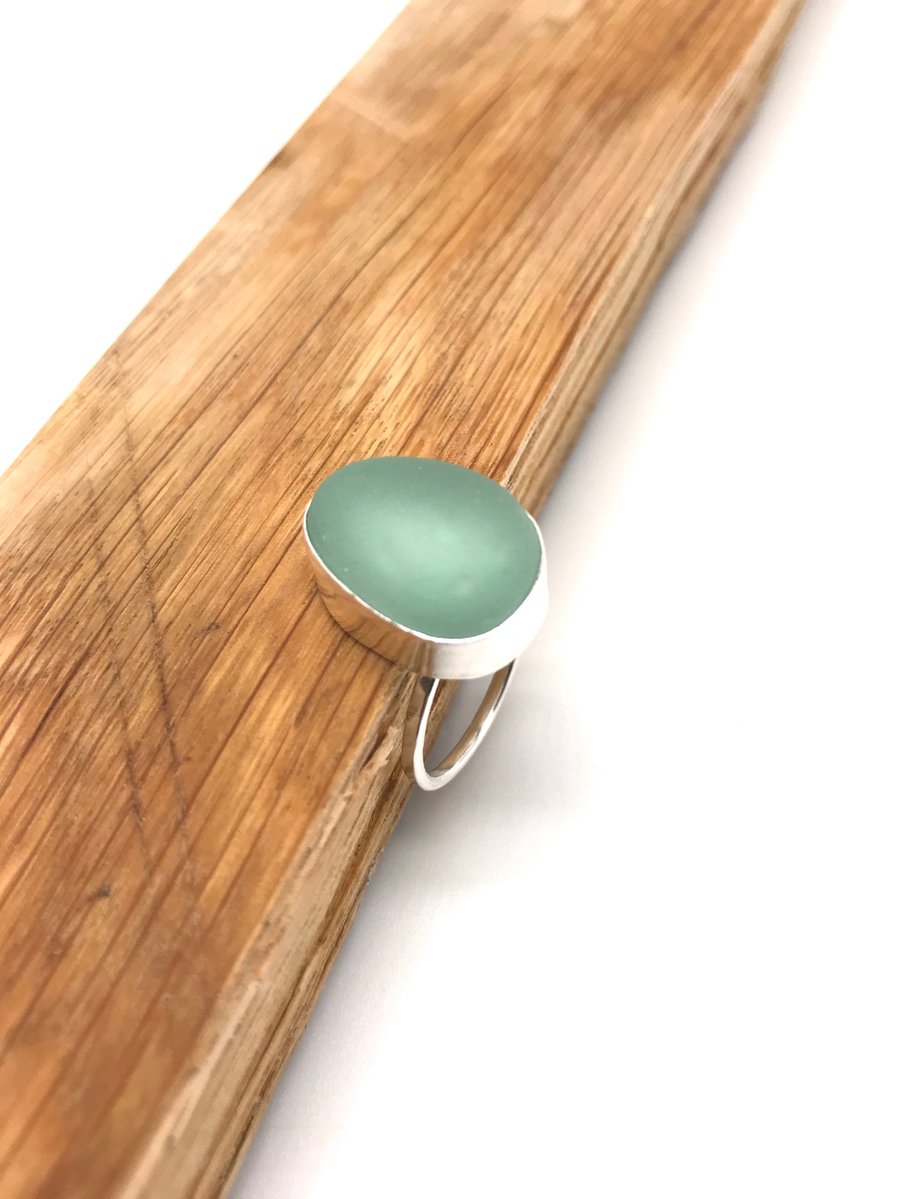 Glowy Aqua Sea Glass Ring - Size N