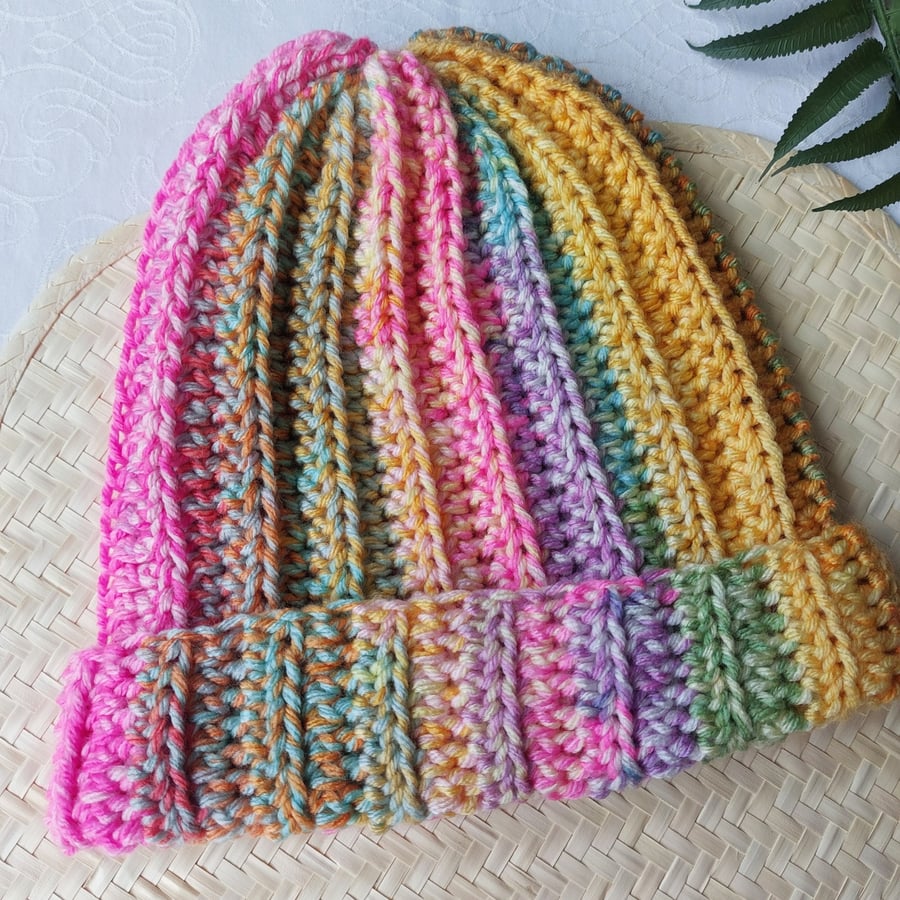 Crochet Hat Beanie Chunky Rainbow Yarn 'Candy'
