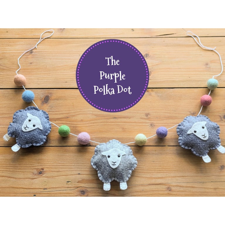 Felt sheep garland handmade from wool blend felt for nursery or play room