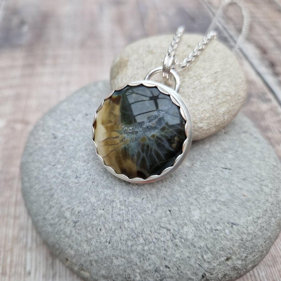 Polychrome Jasper Gemstone and Sterling Silver Pendant Necklace