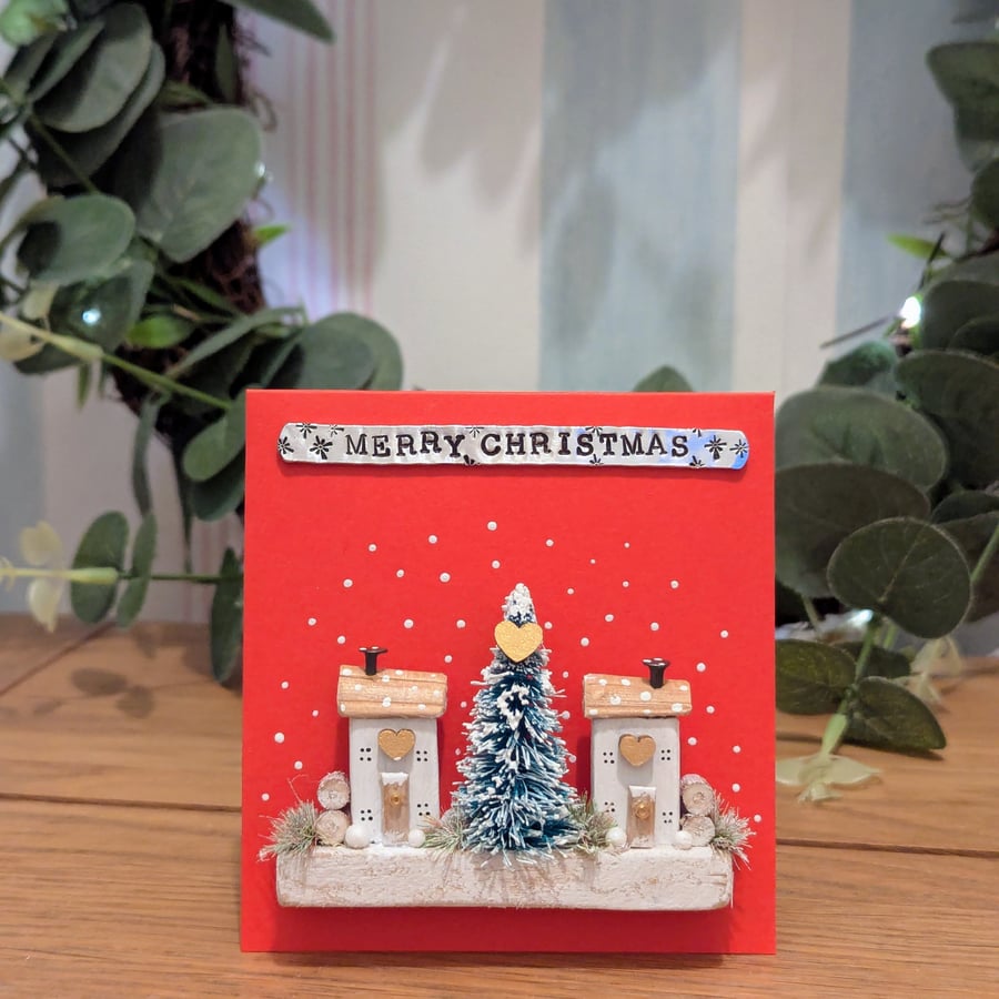 Merry Christmas Card with Handmade Wooden Christmas Decoration Gift 