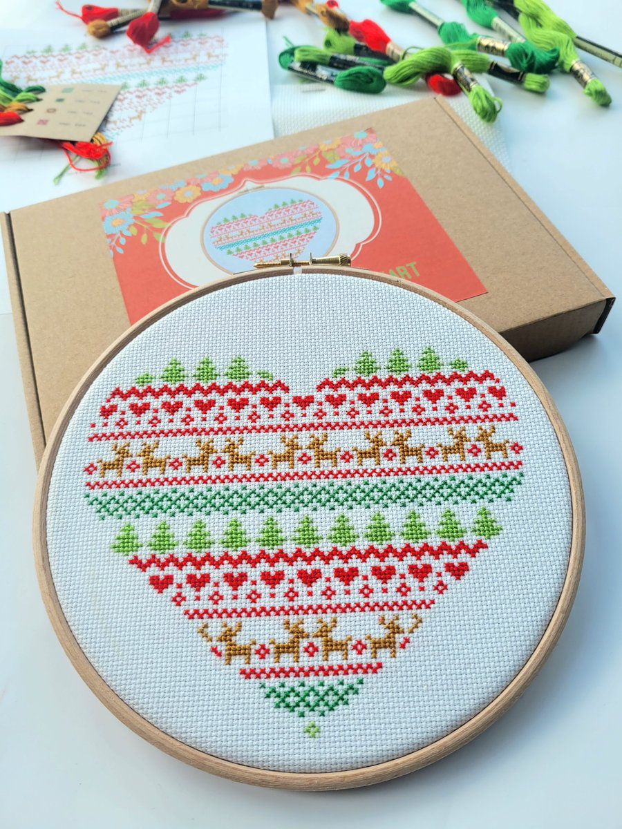 Christmas Fair Isle Heart Cross Stitch Kit 