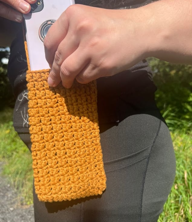 Crochet copper mobile phone bag, small travel p... - Folksy