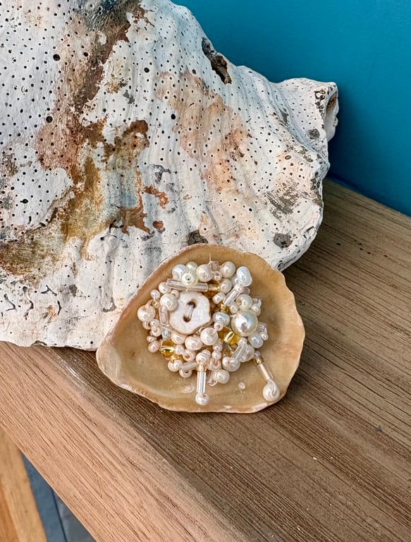 Mudlarked oyster and mother-of-pearl beaded brooch - handmade 