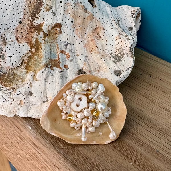 Mudlarked oyster and mother-of-pearl beaded brooch - handmade 