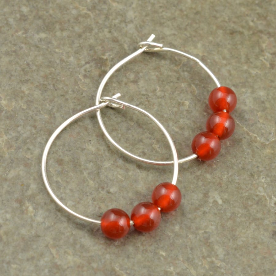 Boho Bright Red Carnelian Gemstone & 20mm Sterling Silver Hoop Earrings