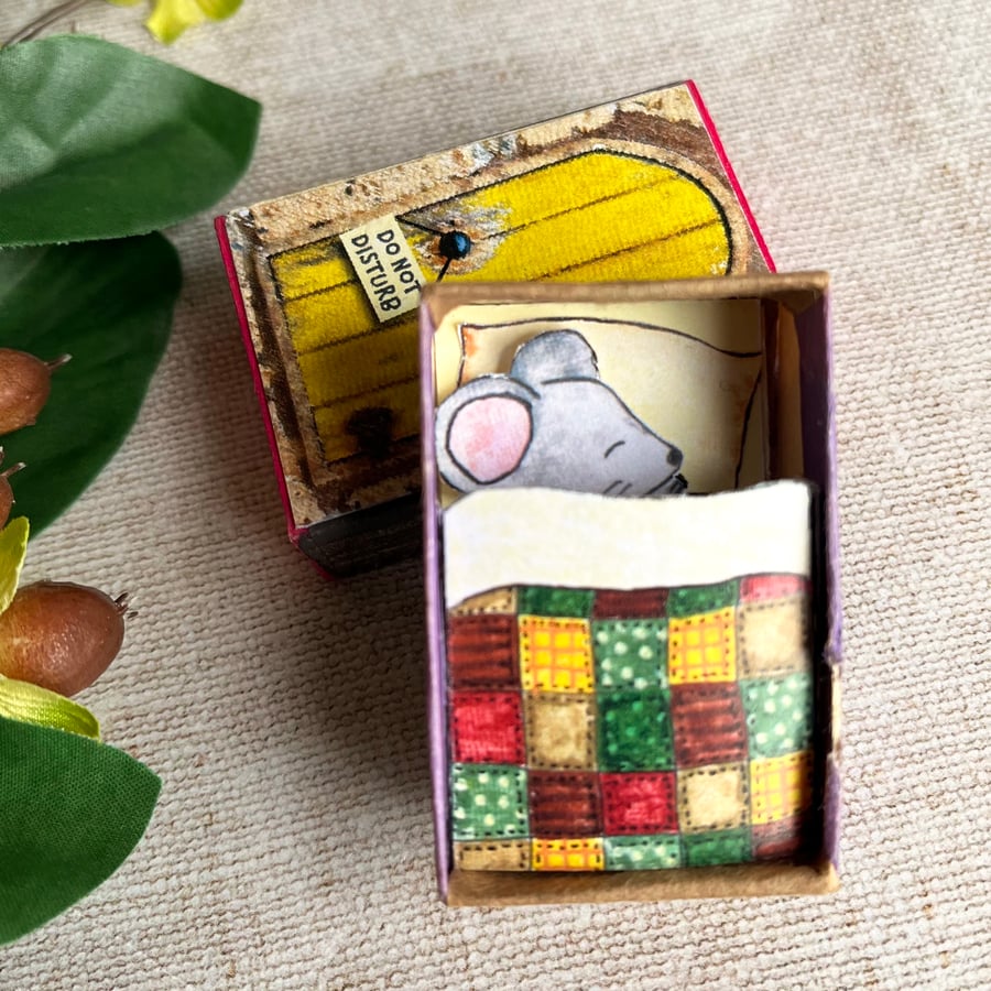 Matchbox art, mouse in bed. Gift for mouse lover, stocking filler