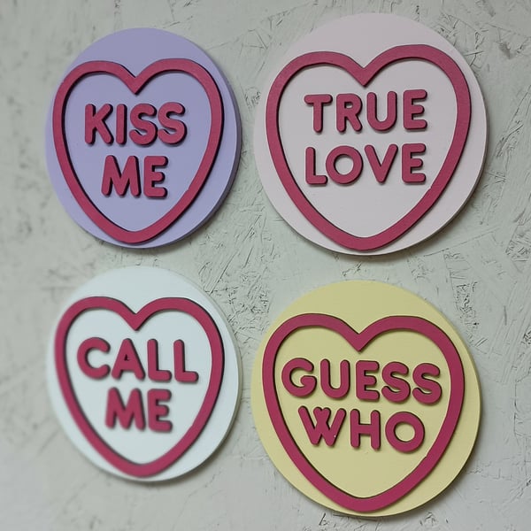 Set of 4 personalised love heart sweets - wall hanging Sweet Heart sign