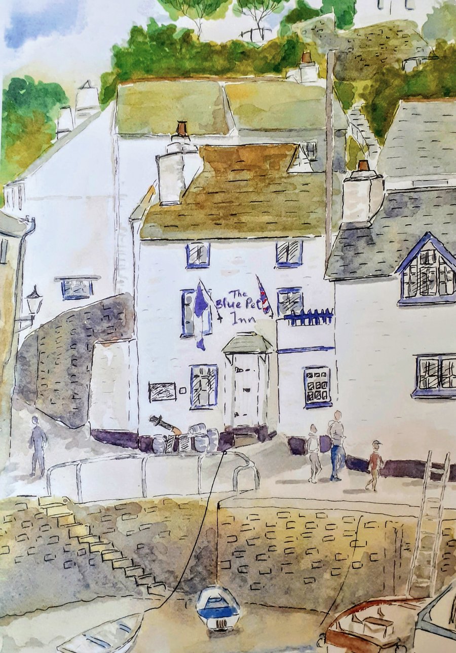 Art print Blue Peter pub, Polperro from original watercolour 200mm x 295 mm