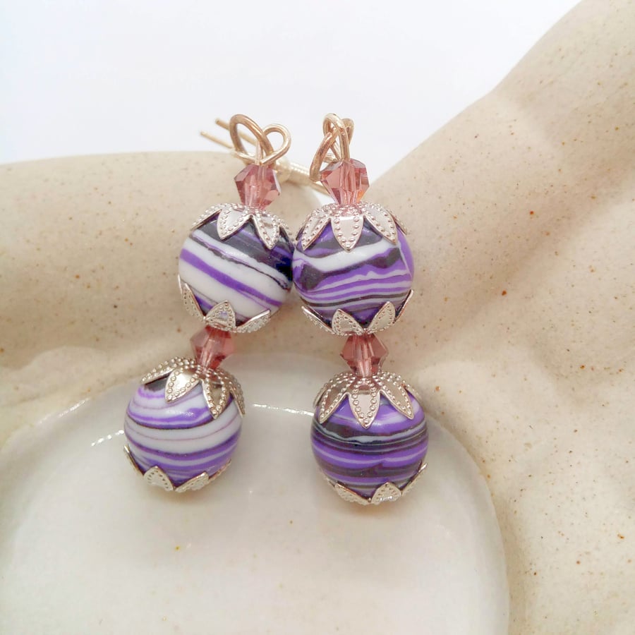 Purple Agate Bead Earrings With A Lilac Crystal at the Centre And The Top 