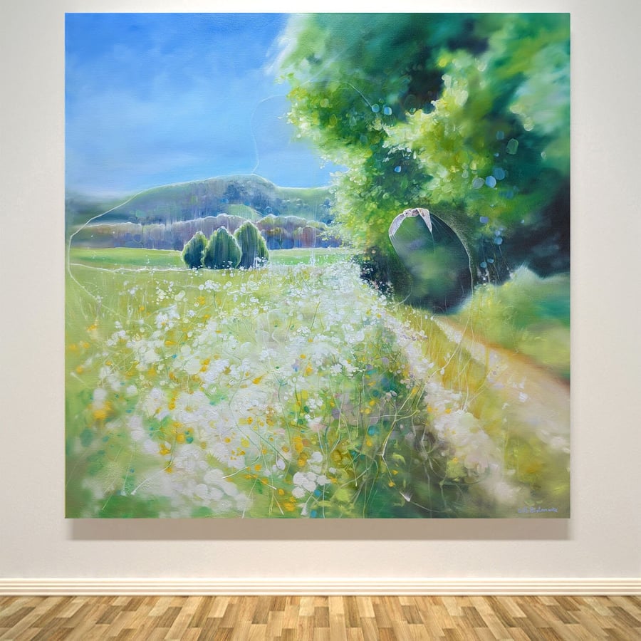 The Queen of May is an exuberant springtime landscape painting with wild flowers