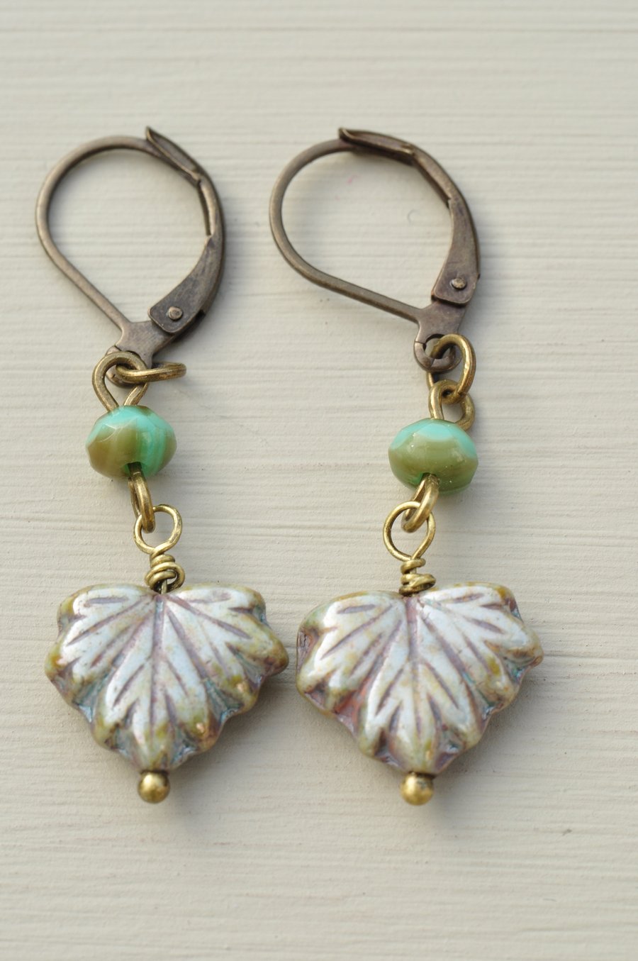 Handmade Czech Glass Leaf & Turquoise Bead Earrings