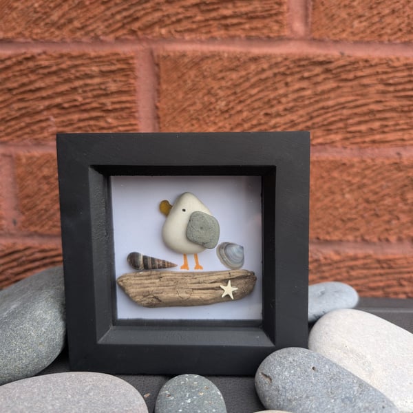 Seagull stone and seaglass white box frame 