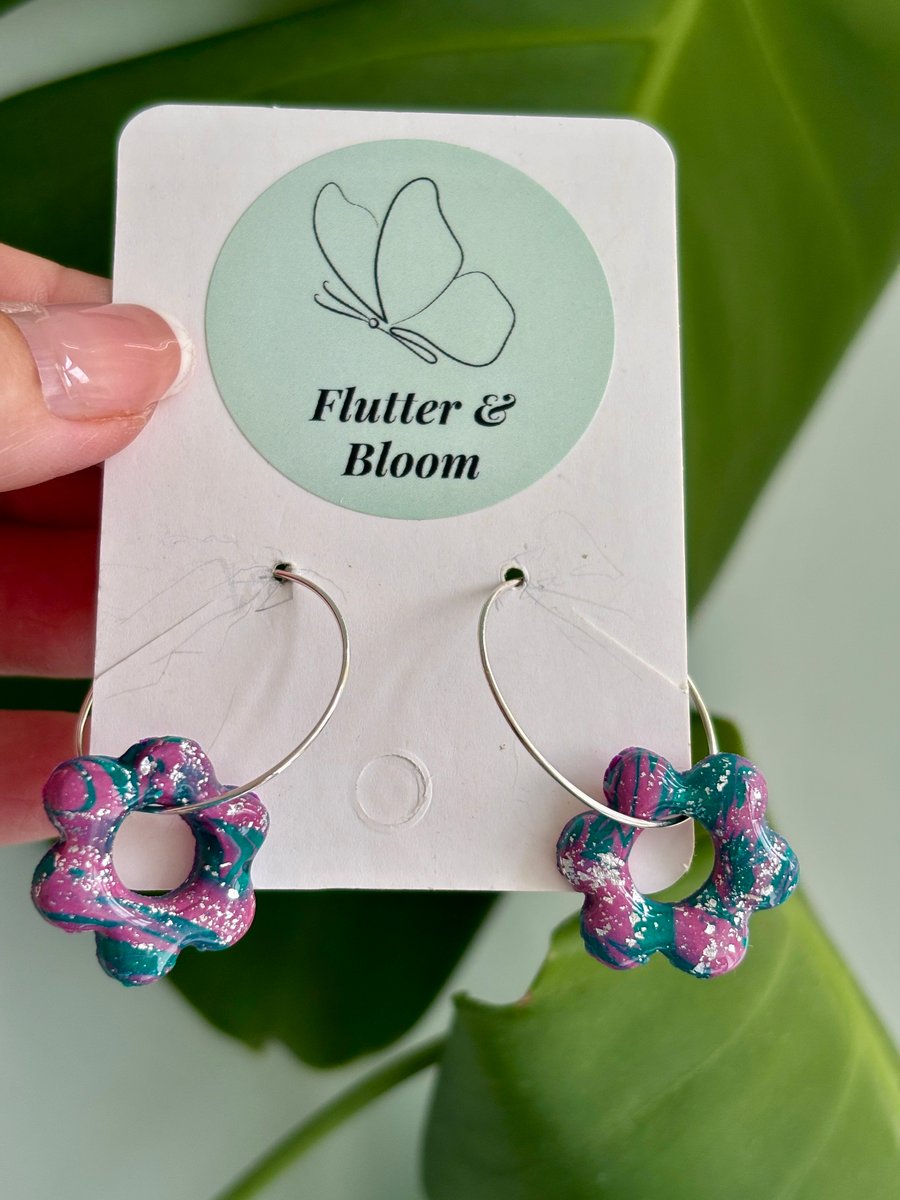 Teal & Violet Marbled Flower Hoop Earrings 