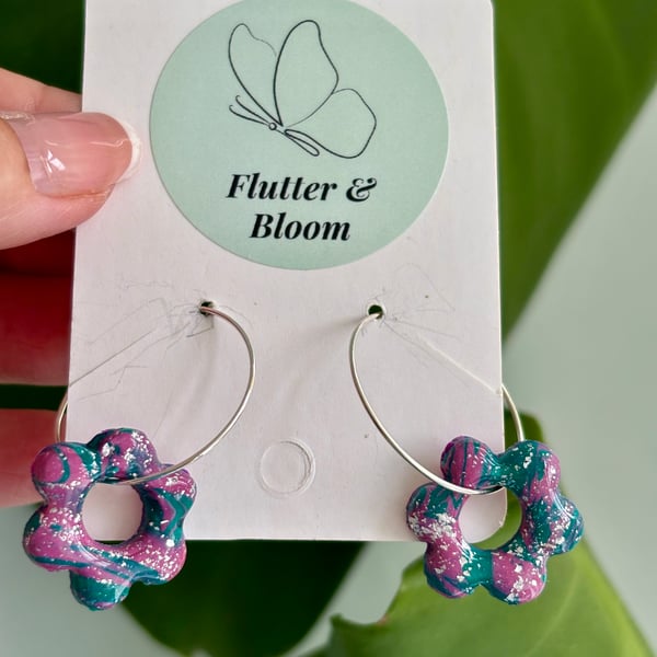 Teal & Violet Marbled Flower Hoop Earrings 