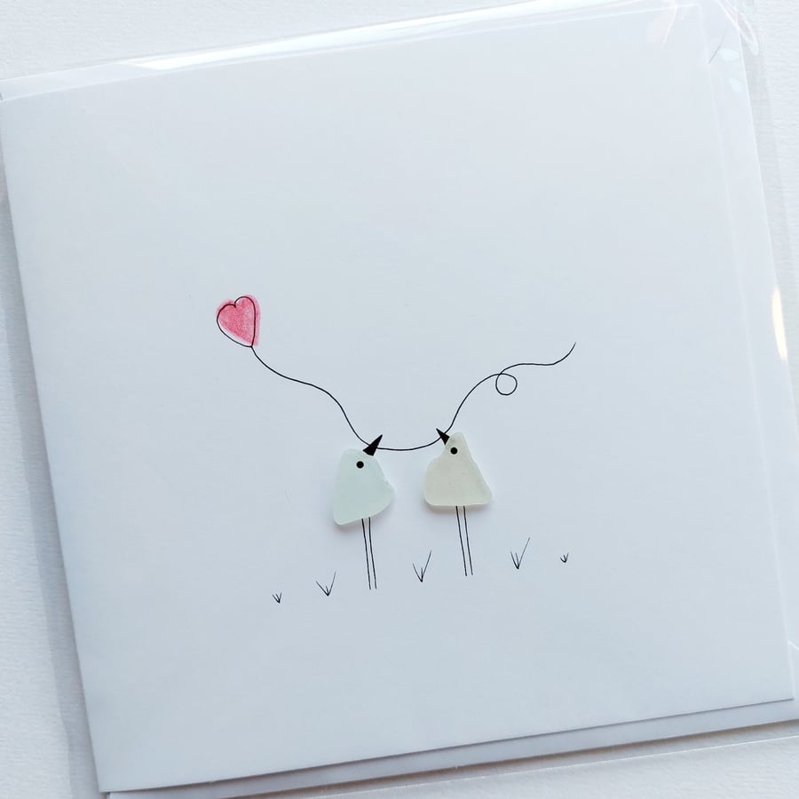 Sea Glass Art Greetings Card - Lovebirds with a Heart - Wedding, Engagement Card