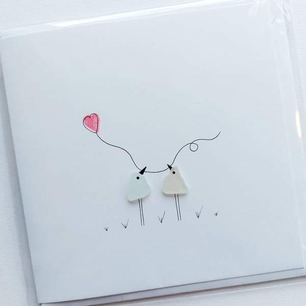 Sea Glass Art Greetings Card - Lovebirds with a Heart - Wedding, Engagement Card