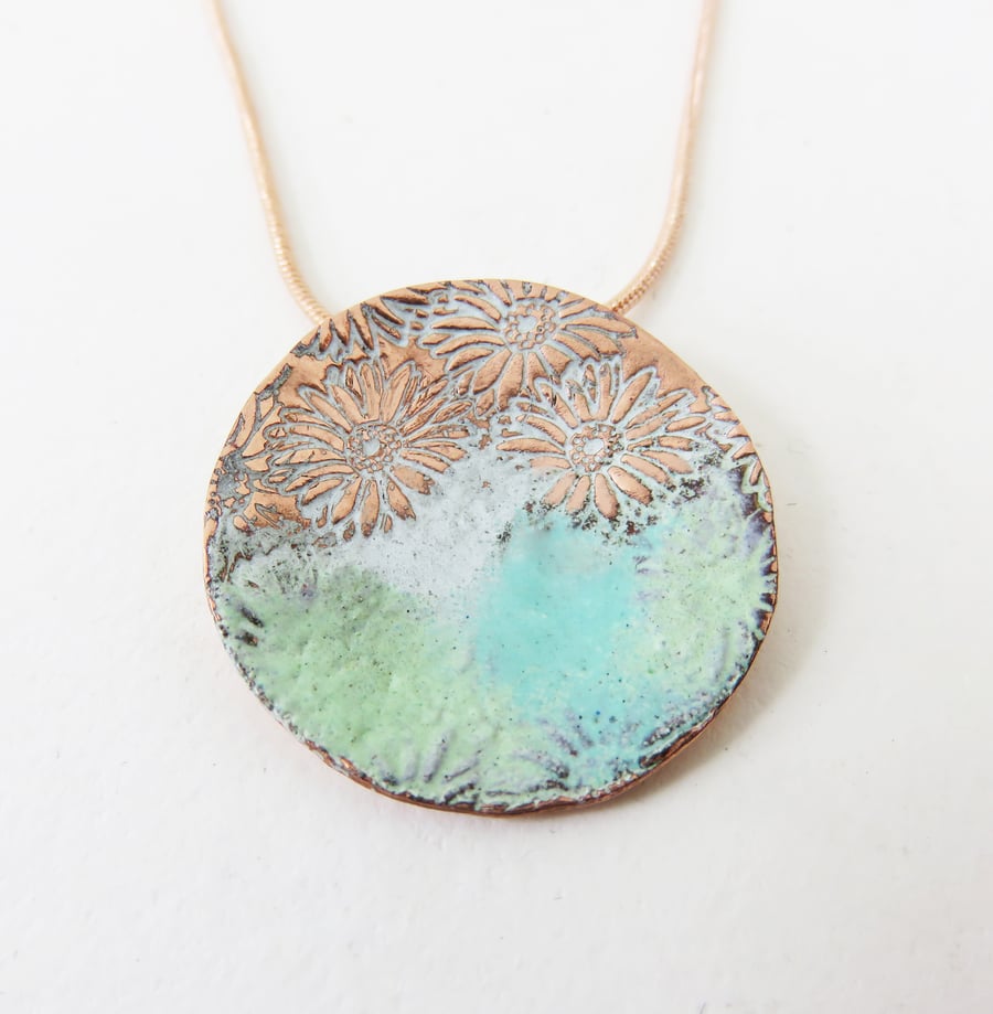 Round textured copper and enamel necklace pendant
