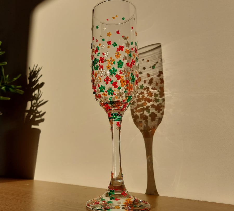 Hand Painted Champagne Flute Prosecco Glass Multi Flower