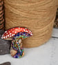 Pyrography dragon toadstool brooch. Hand burned shroom jewellery. - Image 1