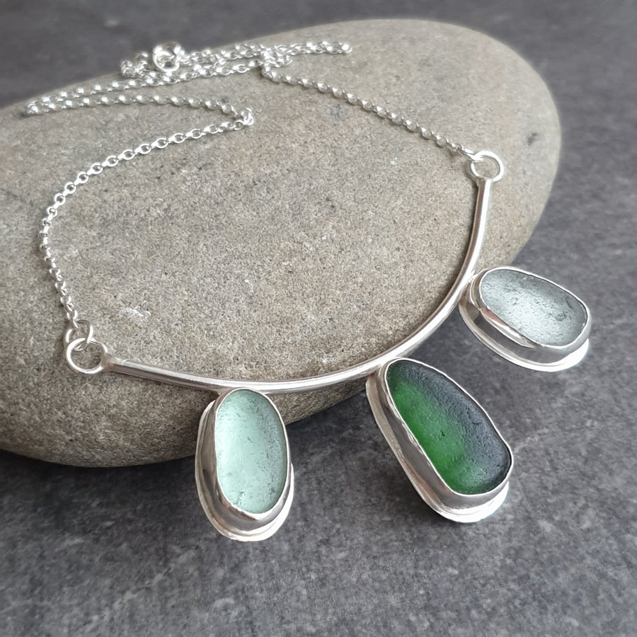 Seaglass statement necklace, Green glass bib pendant