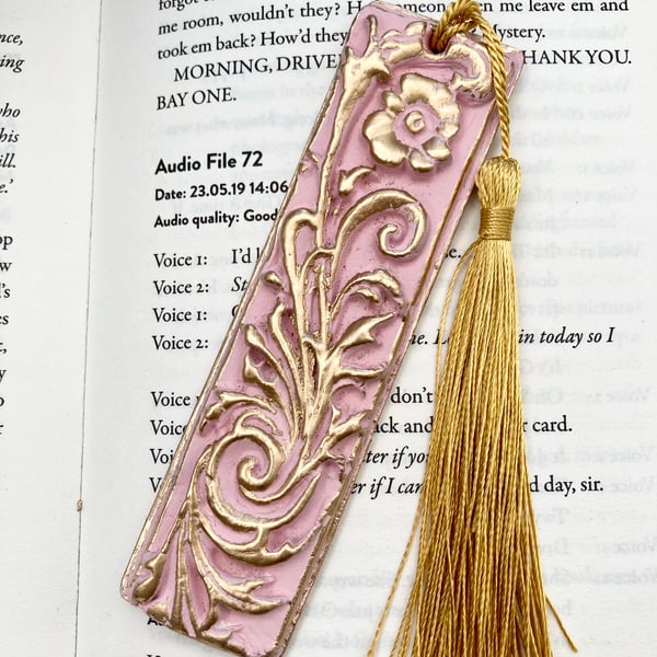 Pink & Gold Textured Architectural Bookmark With Tassel Handmade Book Lover Gift