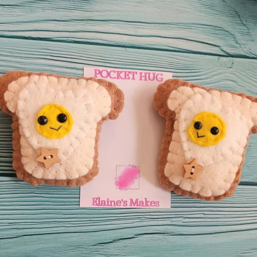 Felt Egg on Toast Pocket Hug and card,pocket buddy,comfort pocket pal.