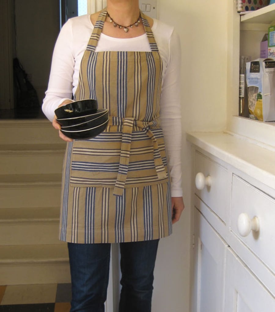 Womens Short Length Apron Woven Stripe Cotton, Beige-Blue. No2 