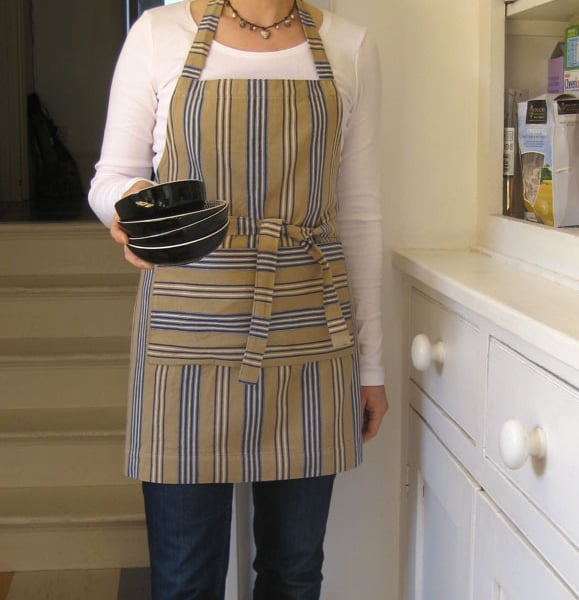 Womens Short Length Apron Woven Stripe Cotton, Beige-Blue. No2 