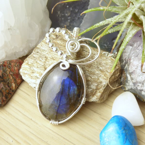 Wire Wrapped Labradorite Pendants in Silver Plated Copper Wire Decorative Bails
