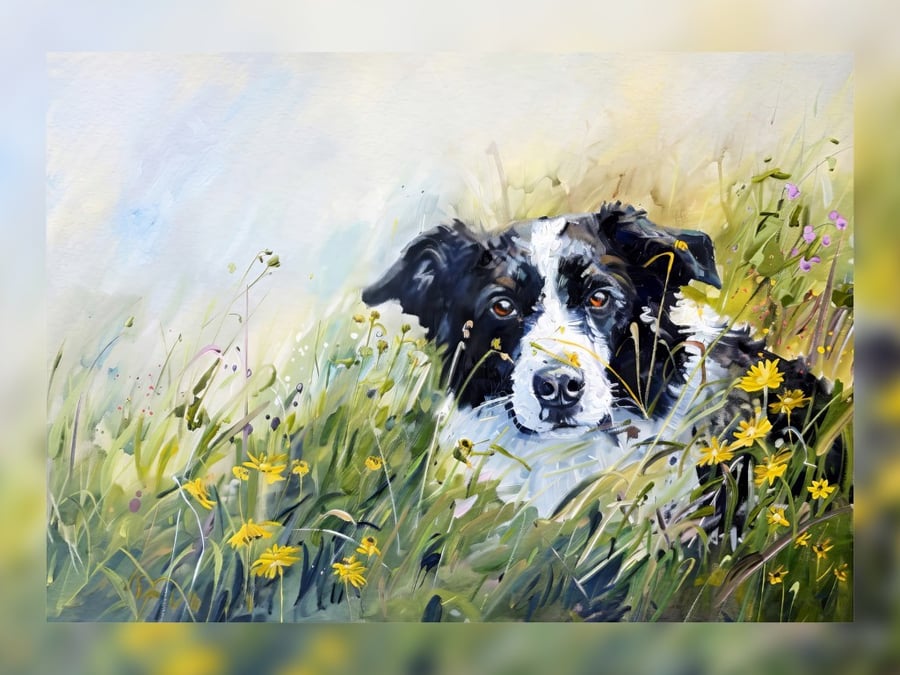 Border Collie in Wildflowers, Charming Dog Art Print 5"x7" Matte Print