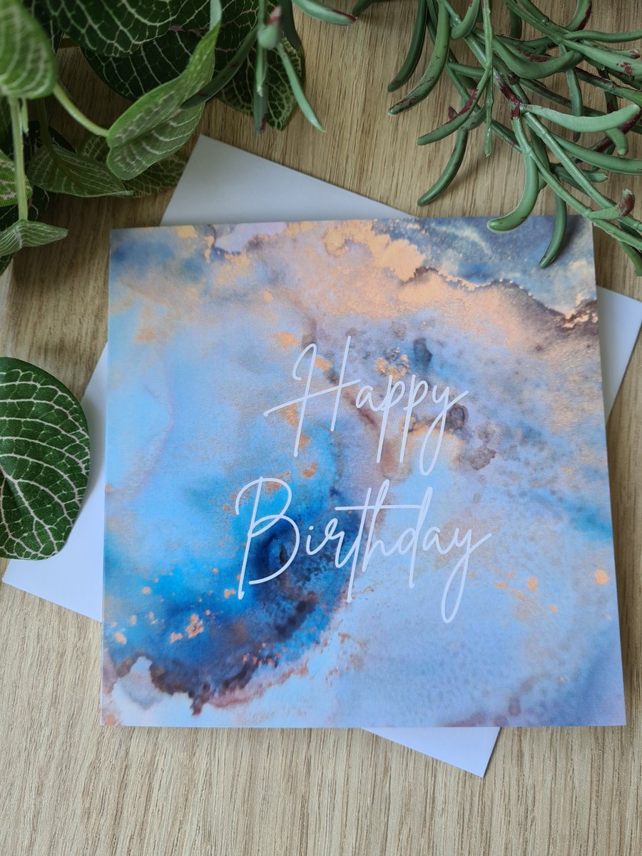 Alcohol ink print dark blue gold birthday card