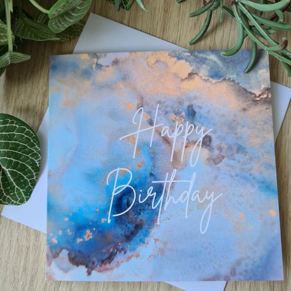Alcohol ink print dark blue gold birthday card
