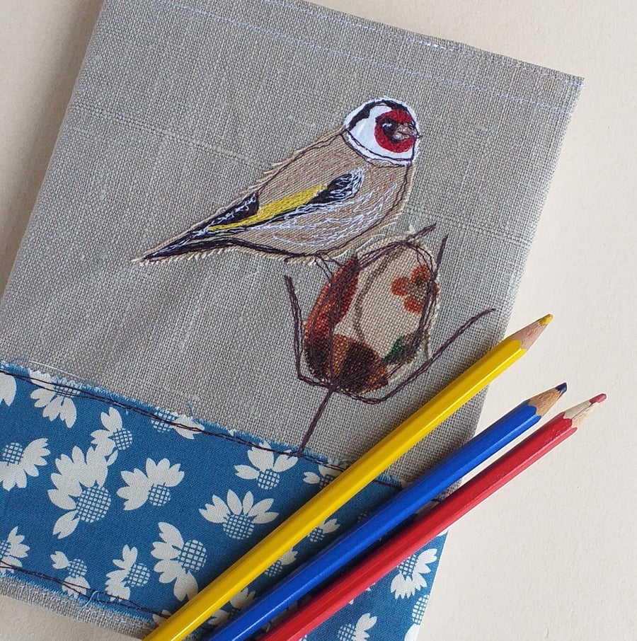 Notebook Cover with Embroidered Goldfinch on a Teasel