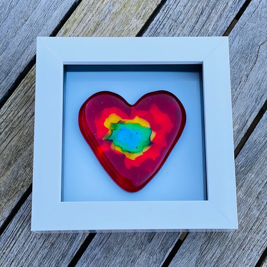 Fused (cast) glass rainbow heart in a box frame 