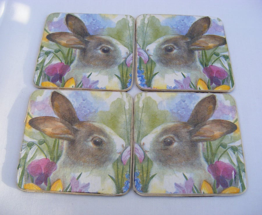 Set of 4 Decoupaged Rabbit coasters