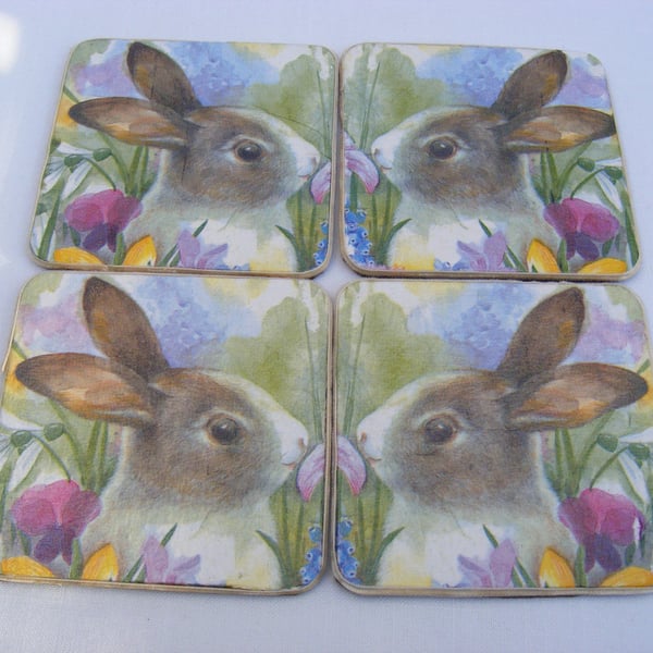 Set of 4 Decoupaged Rabbit coasters
