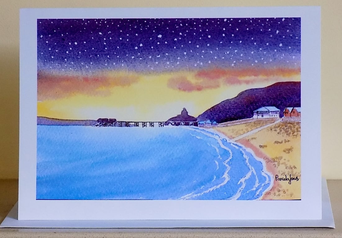 Art Greetings Card, Starry Sky, Mumbles Pier, Size A5, Blank inside