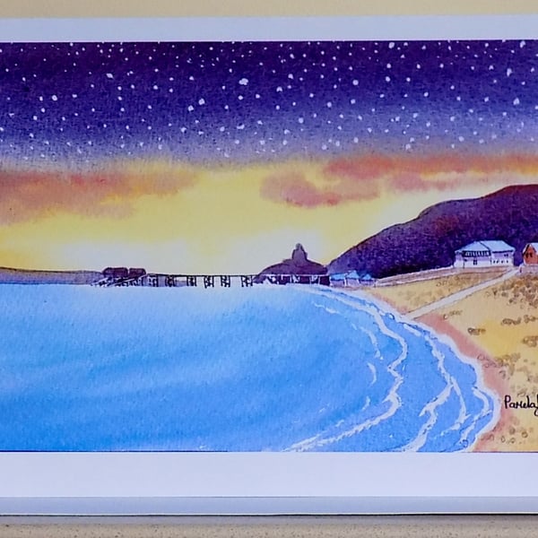 Art Greetings Card, Starry Sky, Mumbles Pier, Size A5, Blank inside