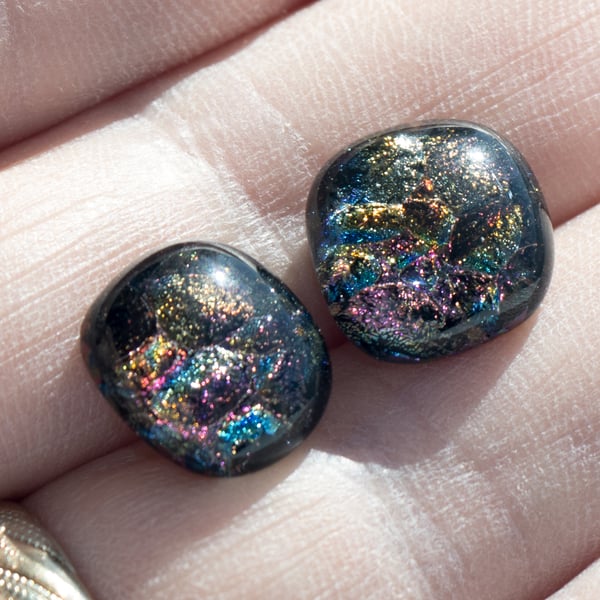 Dark Multicoloured Dichroic Glass Earrings on Sterling Silver Studs - 2067