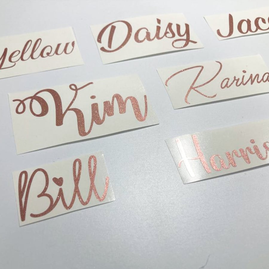 Personalised Glitter Rose Gold Name Vinyl Sticker in multiple fonts and sizes