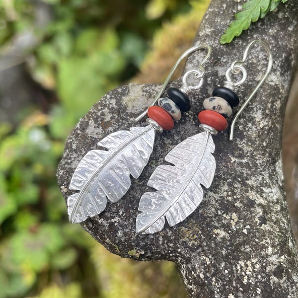 Silver,  Jasper and agate feather earrings